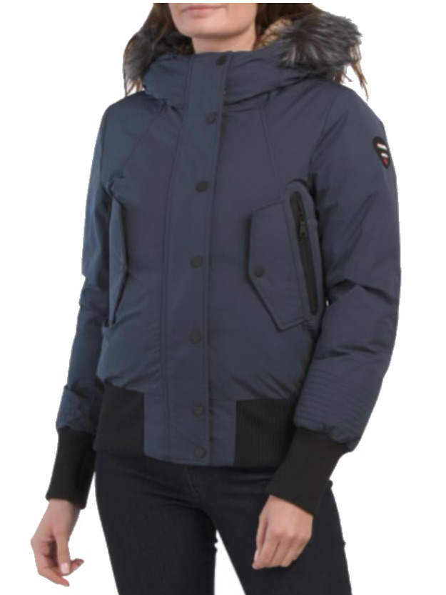Pajar Cordova Bomber Faux Fur Trim Hooded Down Jacket Navy Size M